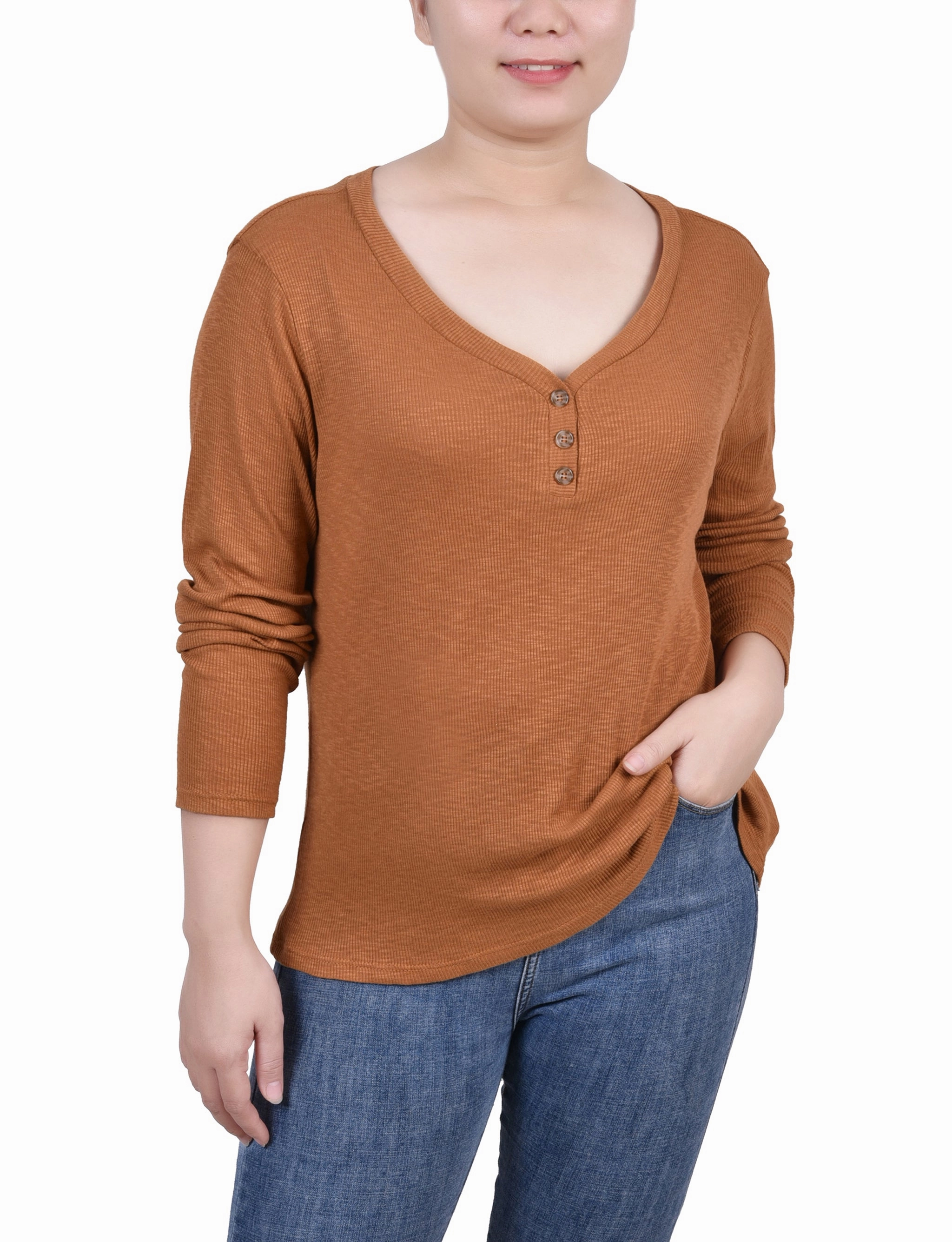 AthleticInspired Thermal Regulating Fabric Petite Long Sleeve Ribbed Henley Top