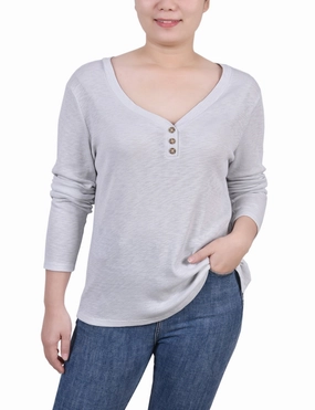 Petite Long Sleeve Ribbed Henley Top FlexibleSole