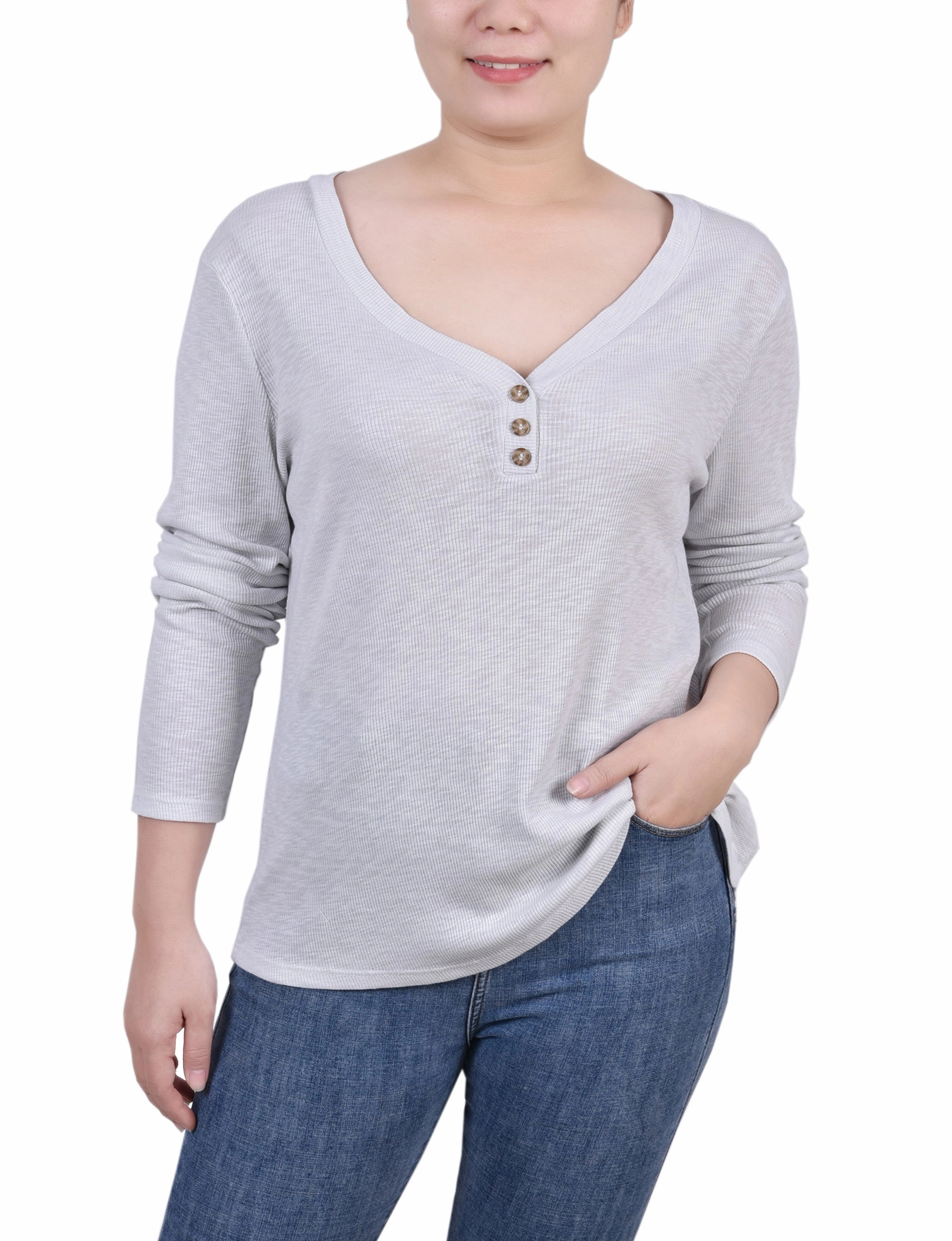 Petite Long Sleeve Ribbed Henley Top EasyCare Material DurableZipper