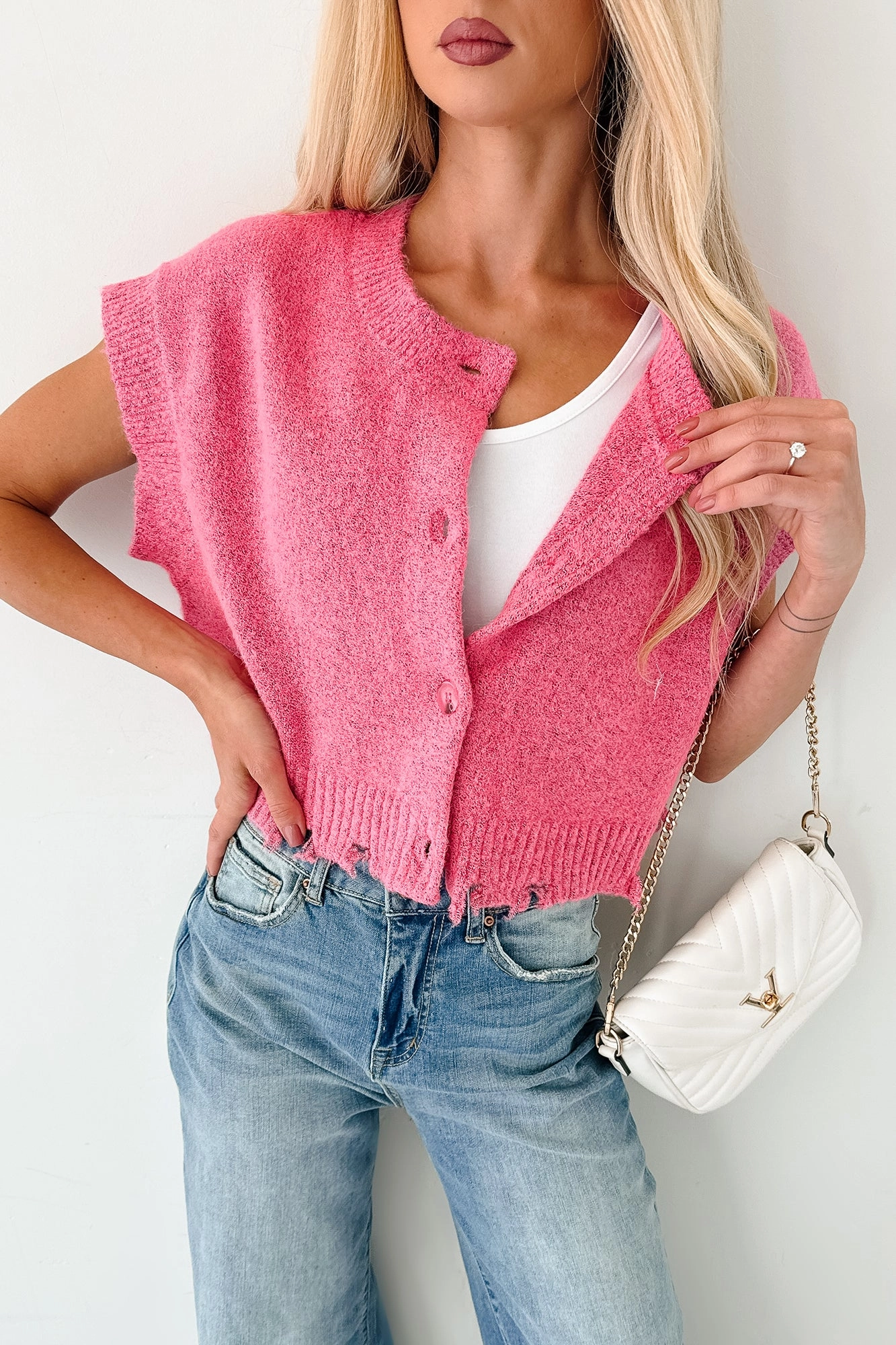 Undemanding Comfort Distressed Button-Up Sweater Vest (Pink) Cozy Knit