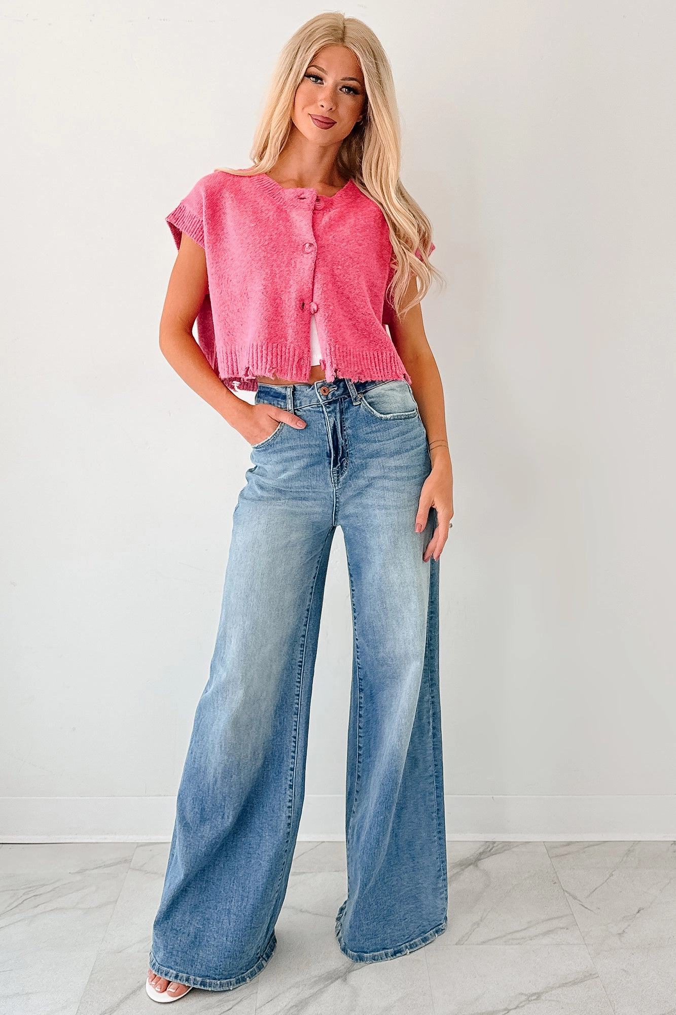 Undemanding Comfort Distressed Button-Up Sweater Vest (Pink) MultiPocket Design