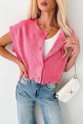 Undemanding Comfort Distressed Button-Up Sweater Vest (Pink) Cozy Knit