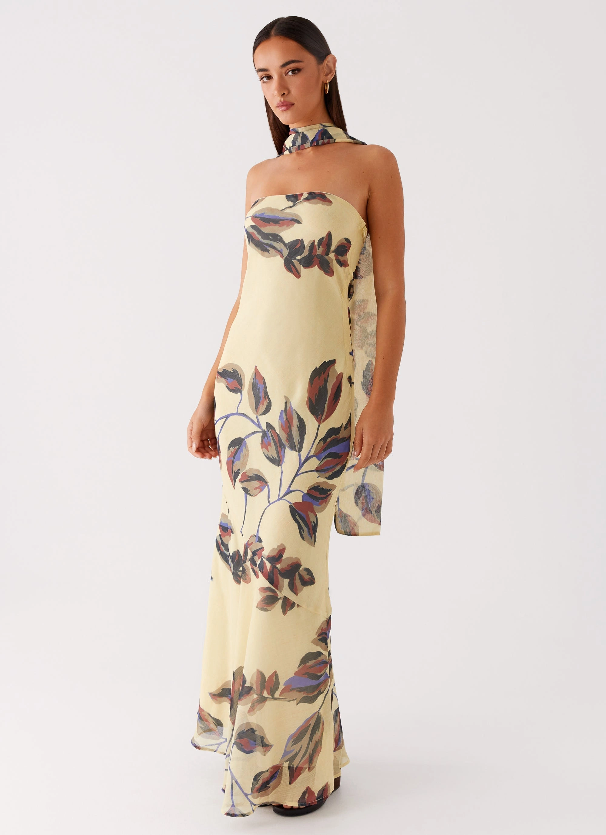 Under The Pagoda Maxi Dress - Buttercream Leaf Print Pose Sweet Pastel-Tone