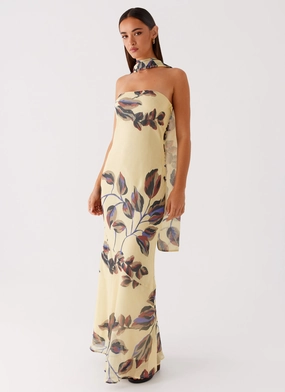 Under The Pagoda Maxi Dress - Buttercream Leaf Print Pose Sweet Pastel-Tone