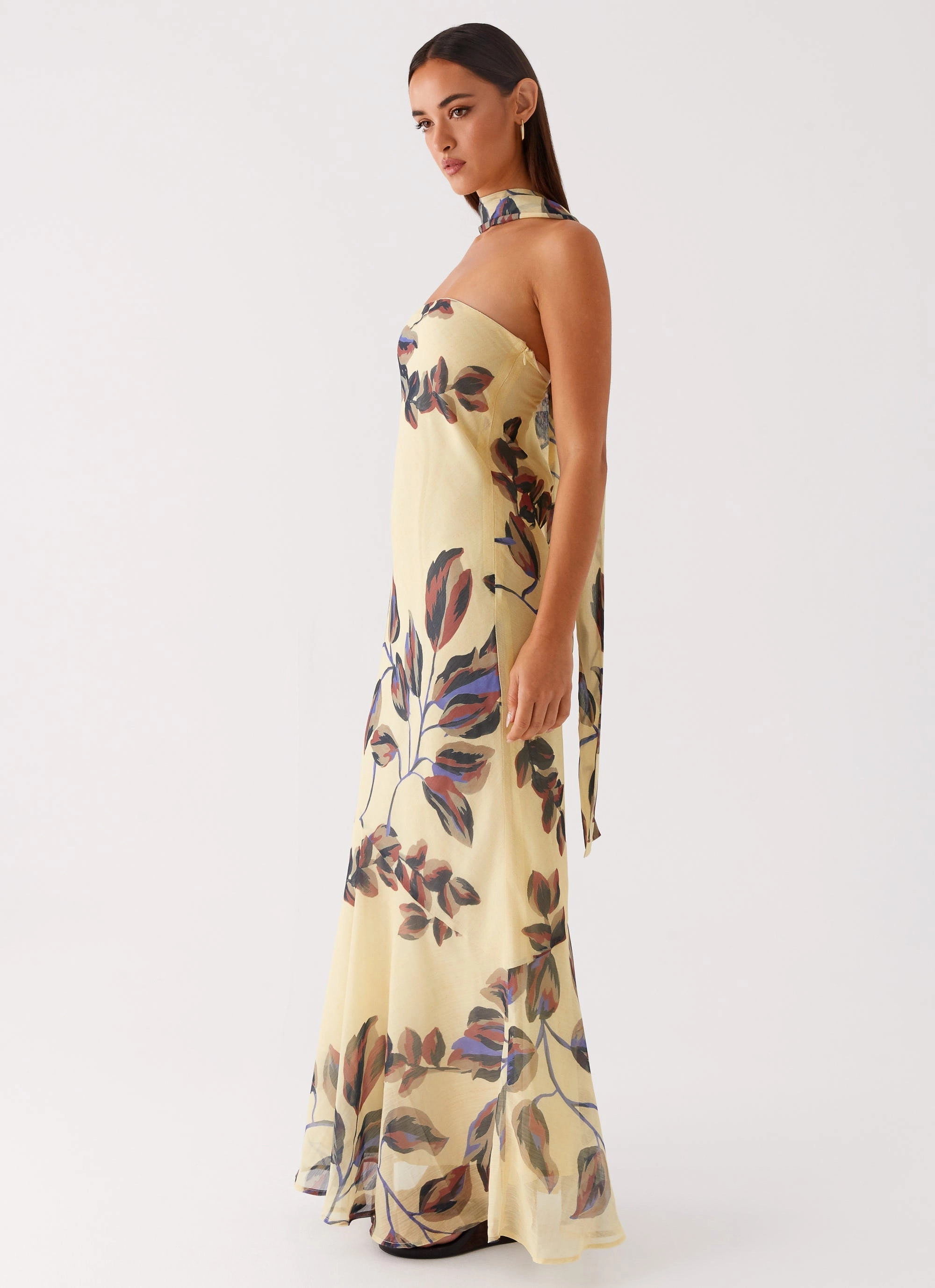 Cozy Touch Stylish day dress Under The Pagoda Maxi Dress - Buttercream Leaf Print