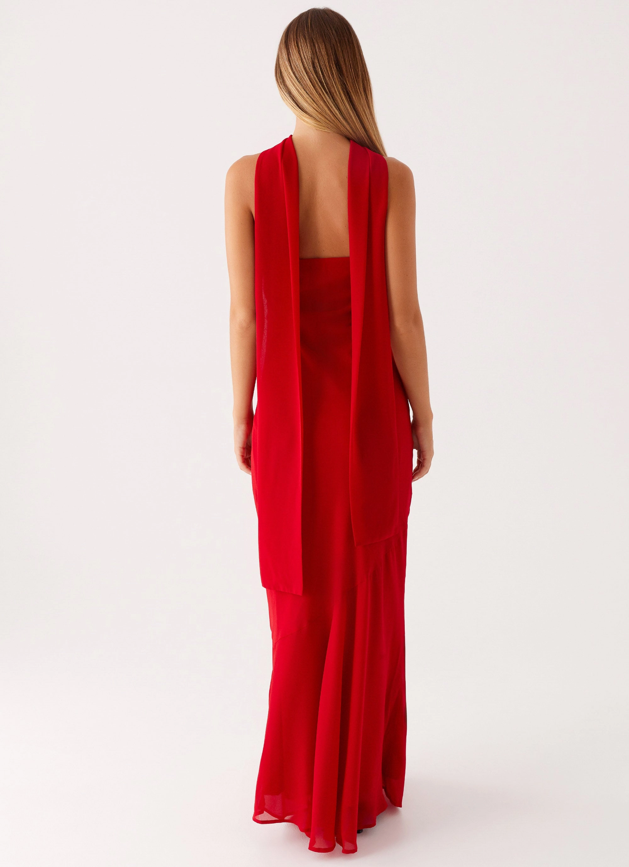 Under The Pagoda Maxi Dress - Red Metallic Finish Bold Patterns