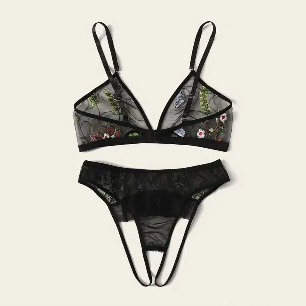 Underwear Lingerie Crotch Women Set Embroidery Bra Open G-String   Lace Thong Push up Lace Bra Set