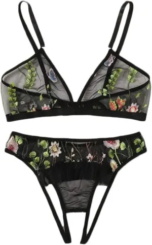 Underwear Lingerie Crotch Women Set Embroidery Bra Open G-String   Lace Thong Push up Lace Bra Set