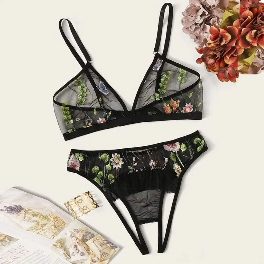 Underwear Lingerie Crotch Women Set Embroidery Bra Open G-String   Lace Thong Push up Lace Bra Set