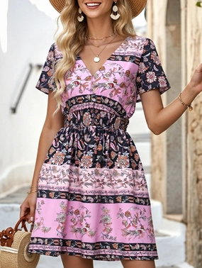 Ethnic Bohemian Print Midi Dress ??Casual Flowing Summer Dress Relaxed-fit gown