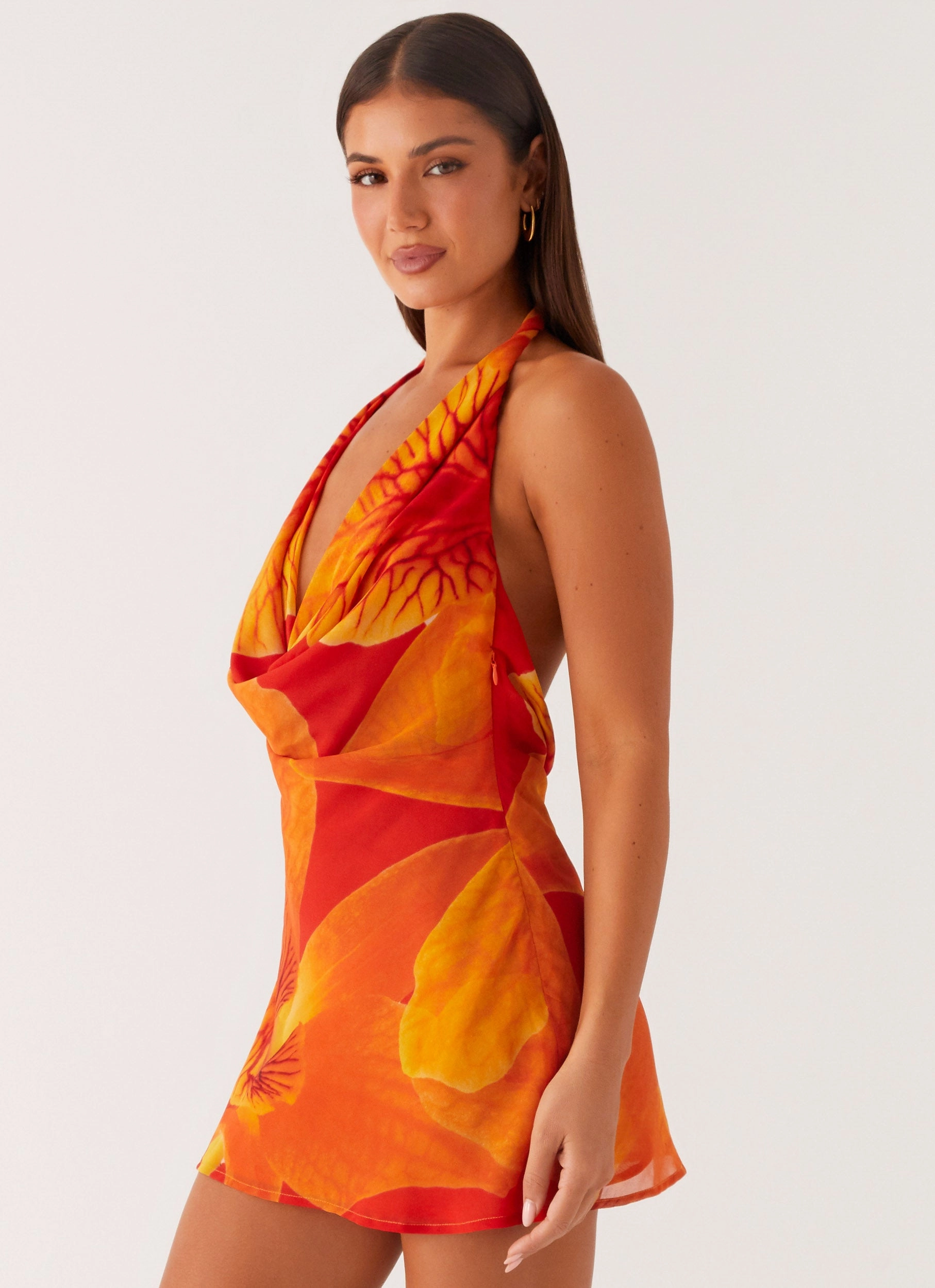 Solar Beam Cowl Mini Dress - Serene Orange Sage Glow Fashionable And Functional