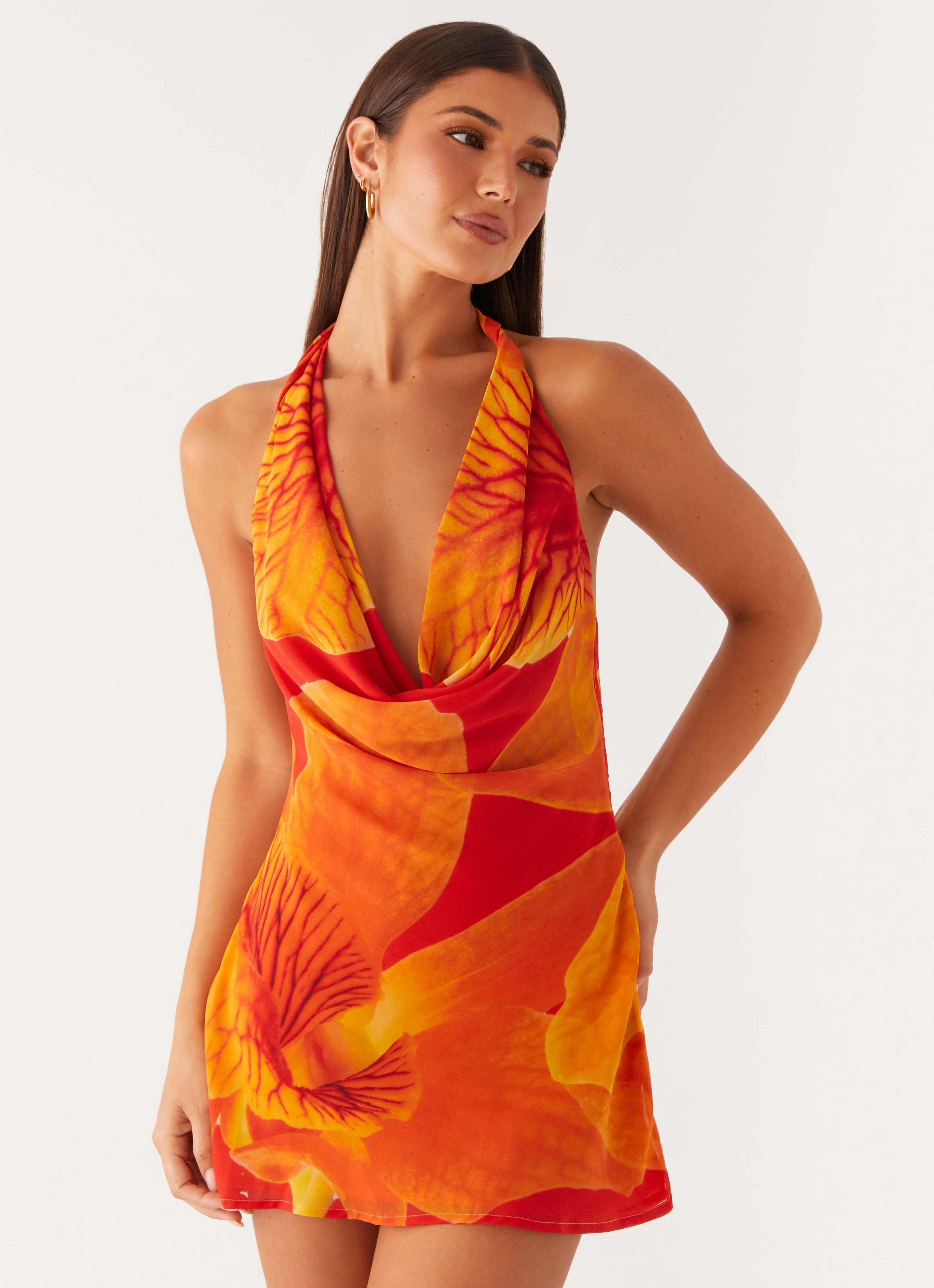 Solar Beam Cowl Mini Dress - Serene Orange Elastic-Waist