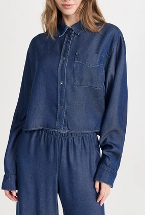 Hybrid Fabric Blend Tagless Comfort Collar Chambray Cropped Button Down