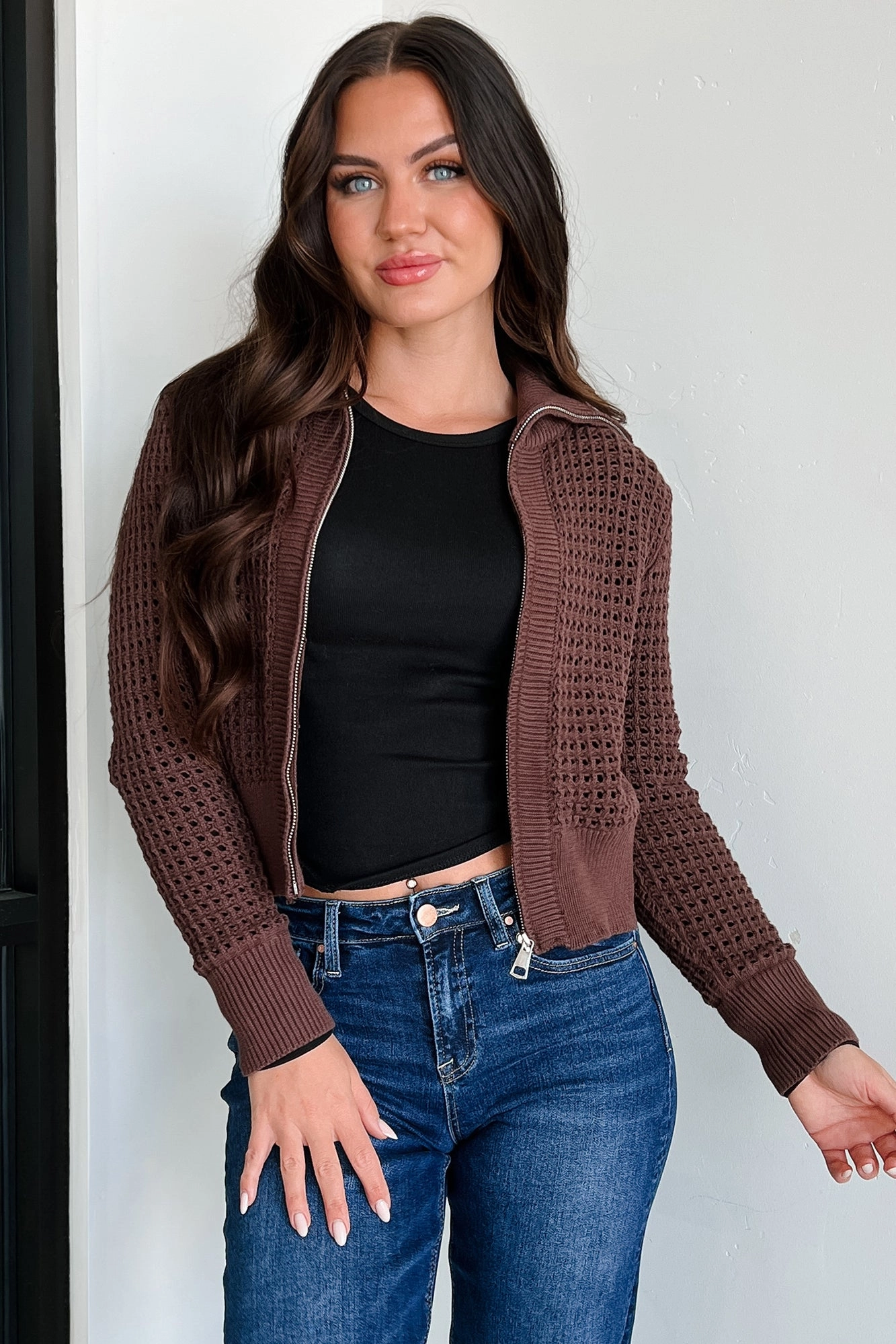 Whispered Words Zip-Up Sweater Jacket (Chocolate) Wide Shoulder Cut
