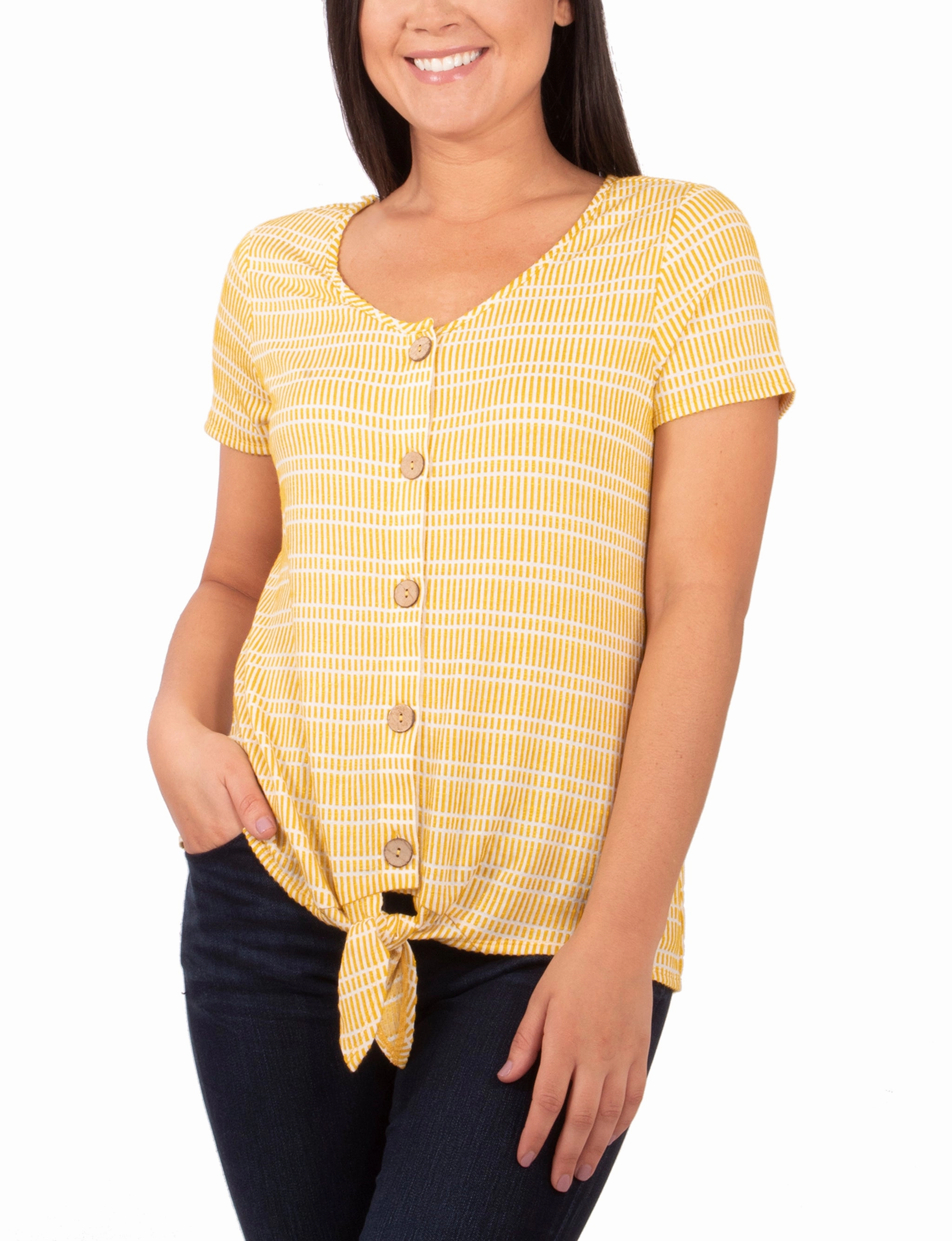 Short Sleeve Button Front Top With Tie At Hem Flexible Hemline