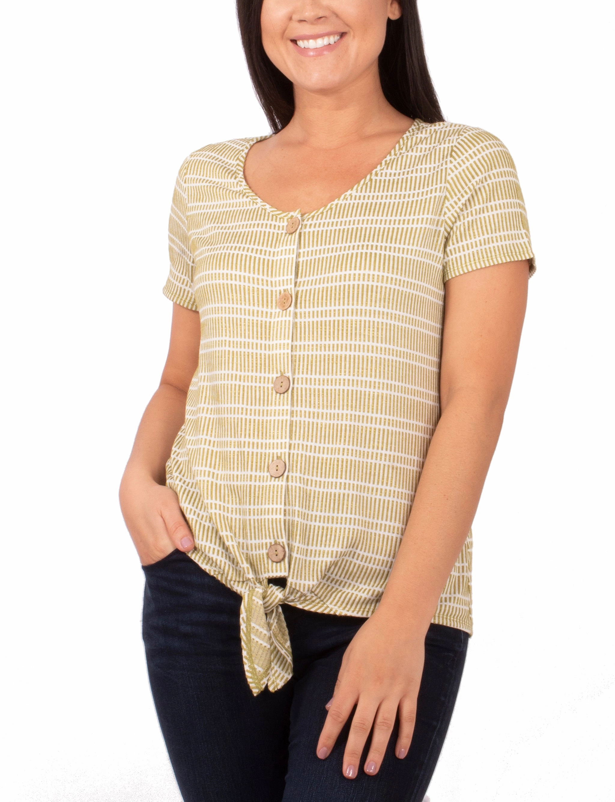 Short Sleeve Button Front Top With Tie At Hem AntiSnag Fabric