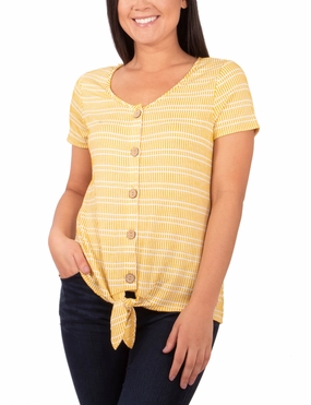 Relaxed Look Lightweight Fabric Short Sleeve Button Front Top With Tie At Hem