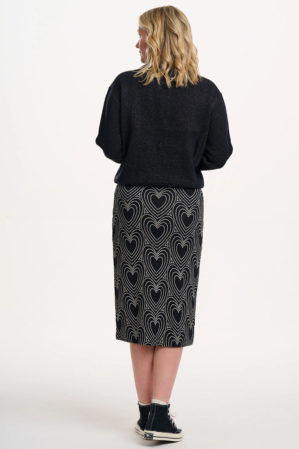 Faith Jersey Jacquard Midi Skirt in Black/Off-White Heart Explosion Bold Print Matching Belt