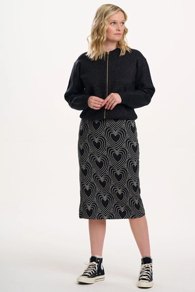 Faith Jersey Jacquard Midi Skirt in Black/Off-White Heart Explosion Texture Play Chafe Resistant