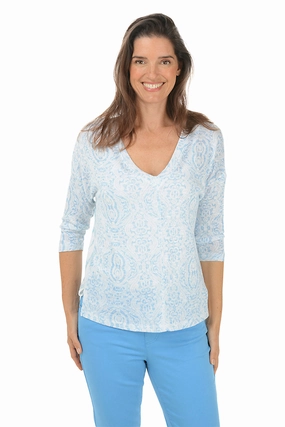 Damask Medallion V-Neck Knit Top Breathable Microfiber BondedEdges