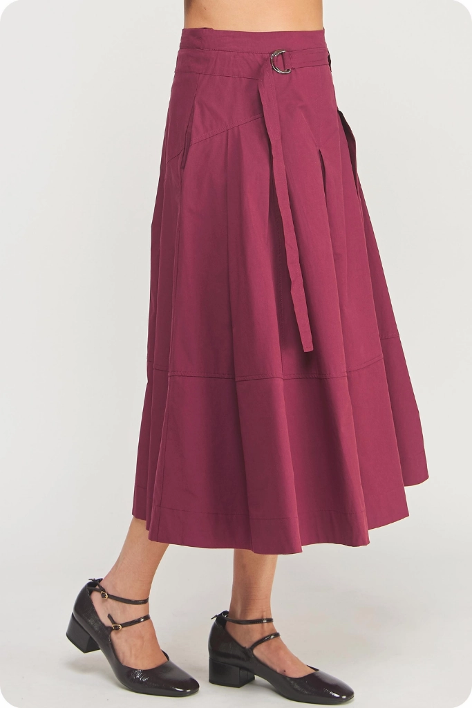 Liana Belted Midi Skirt in Dark Cherry Spring Brunch Wool blend