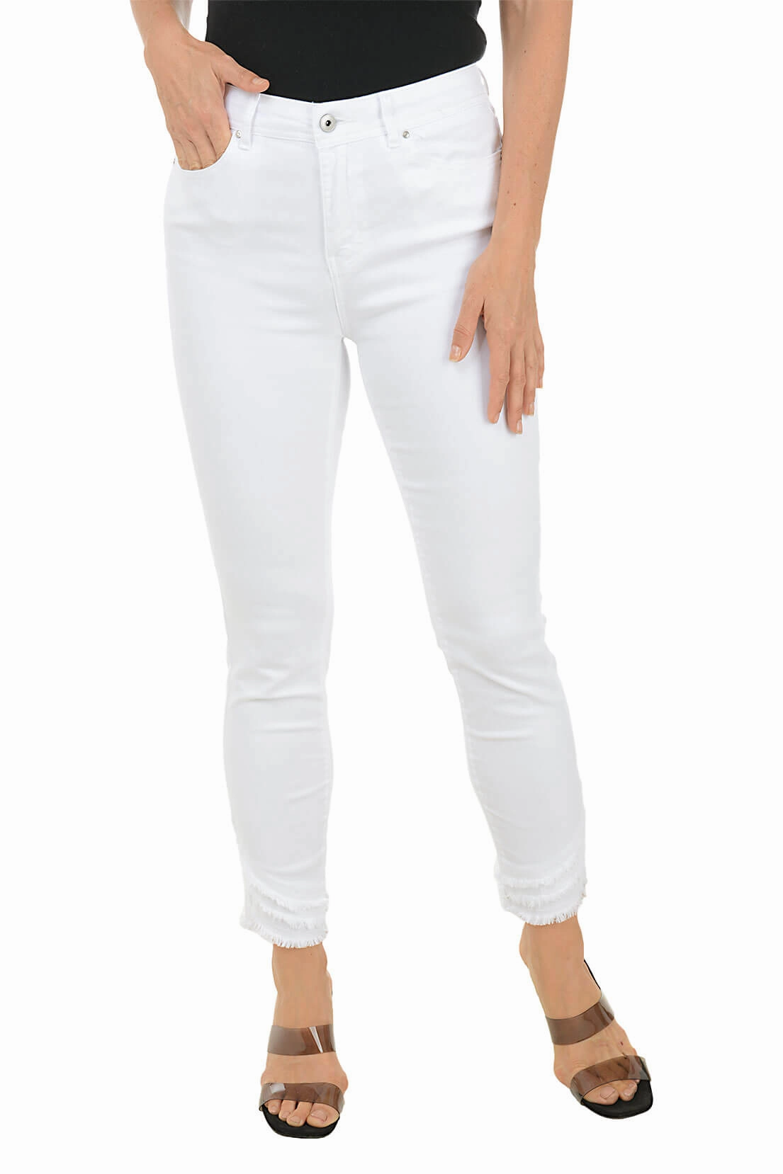Adjustable drawstring Performance Design Frayed Curved Hem Denim Twill Ankle Pant