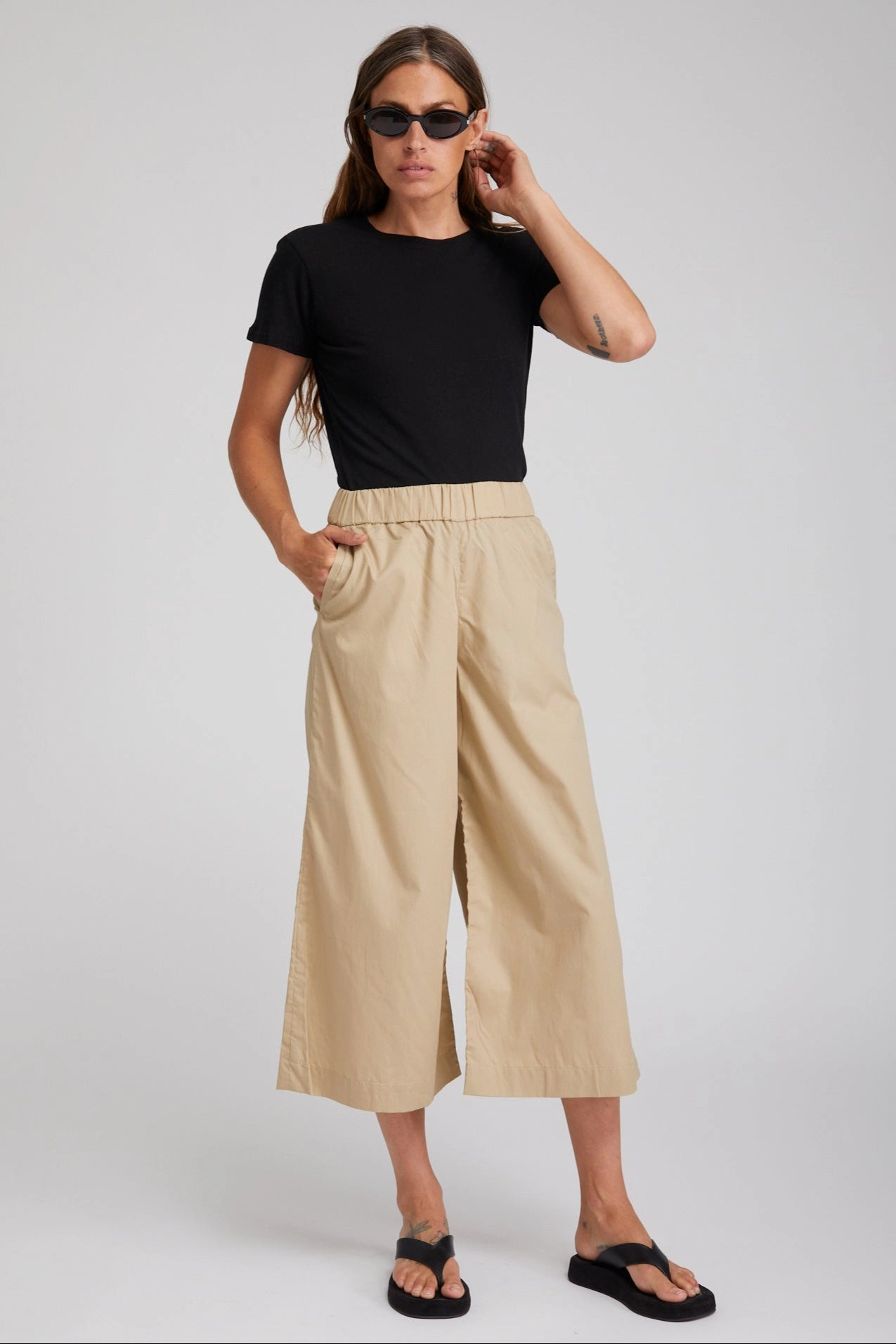 Beige Cotton Poplin Culotte Pants Ventilated Panels
