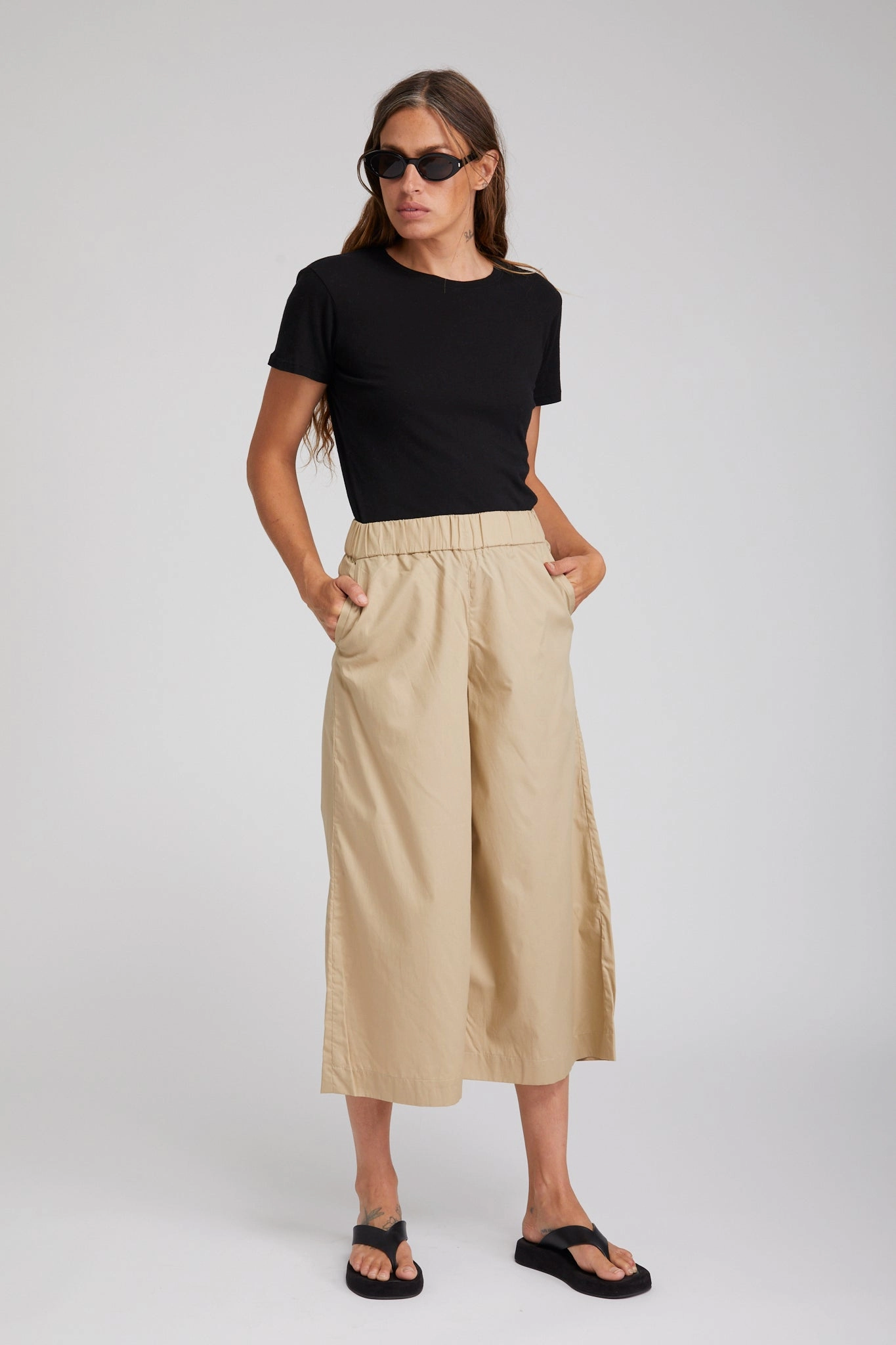 Comfort-First Beige Cotton Poplin Culotte Pants