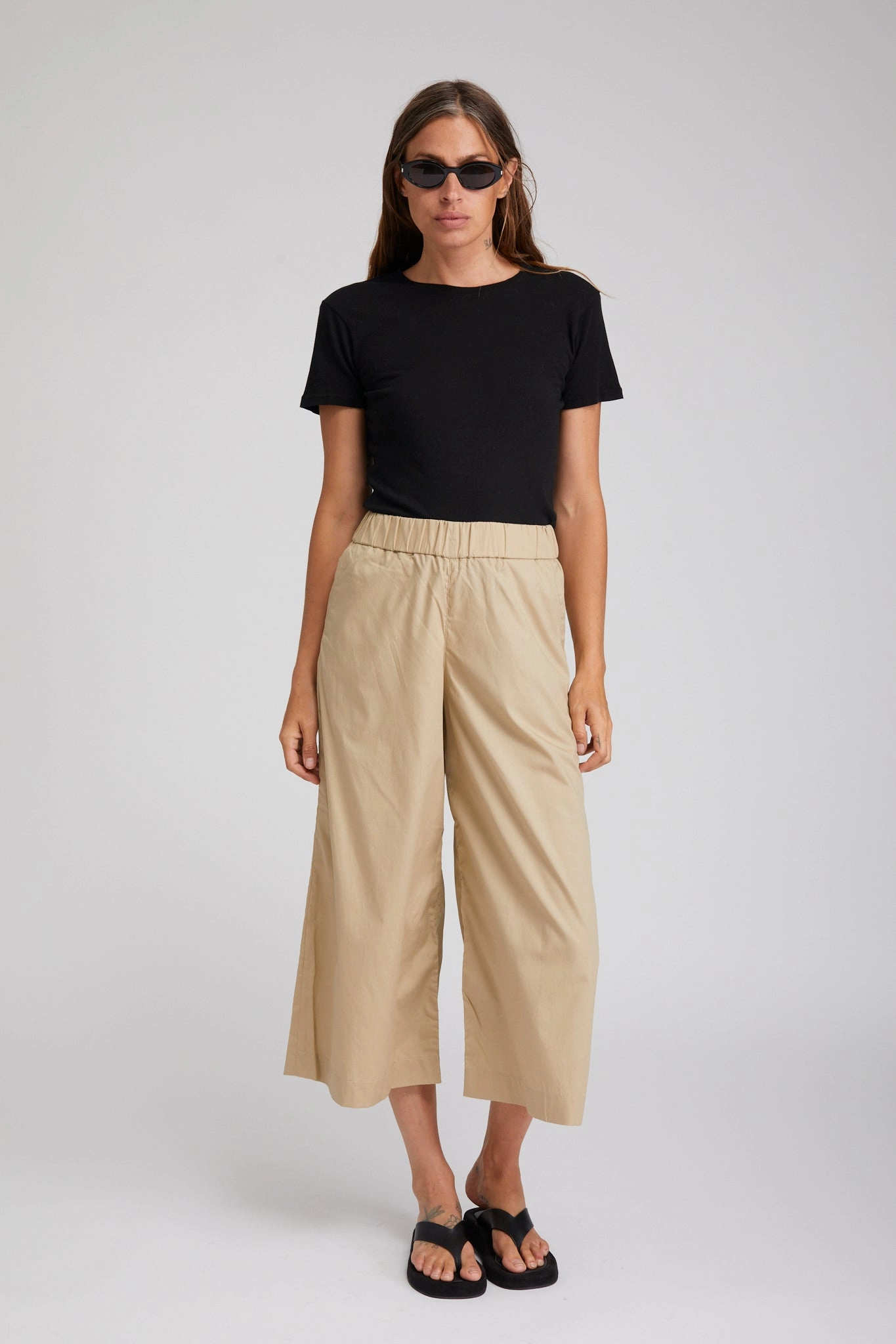 Carbon Infused Fabric Beige Cotton Poplin Culotte Pants