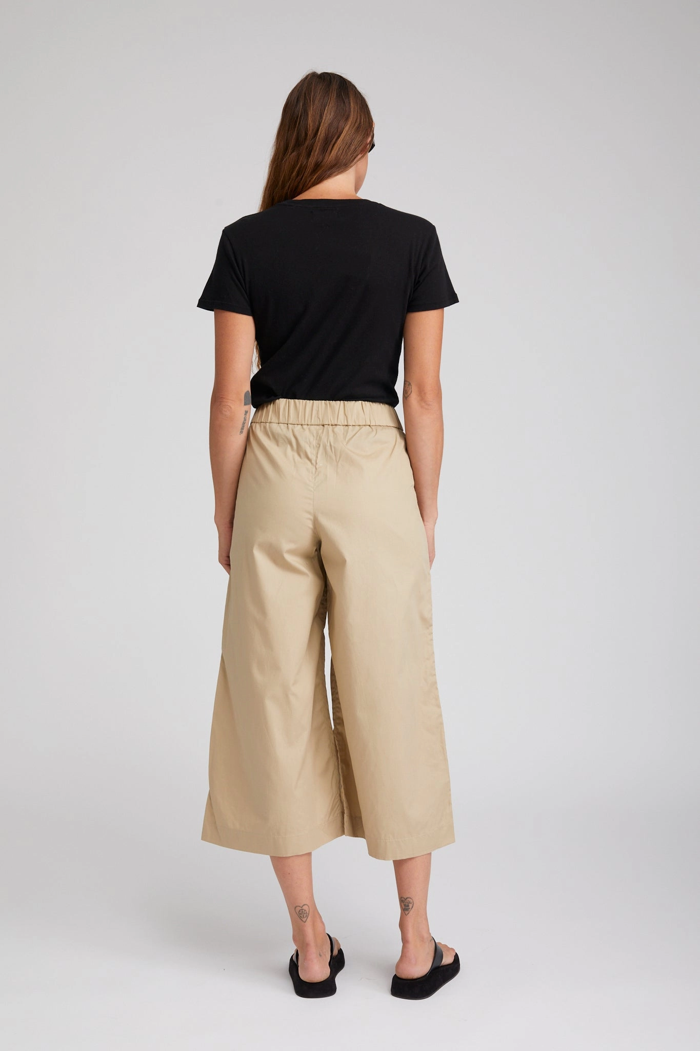 Beige Cotton Poplin Culotte Pants Sleek Waist