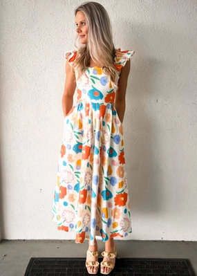 ASHTON FLORAL DENIM SCALLOP MIDI DRESS Universal Fit Design