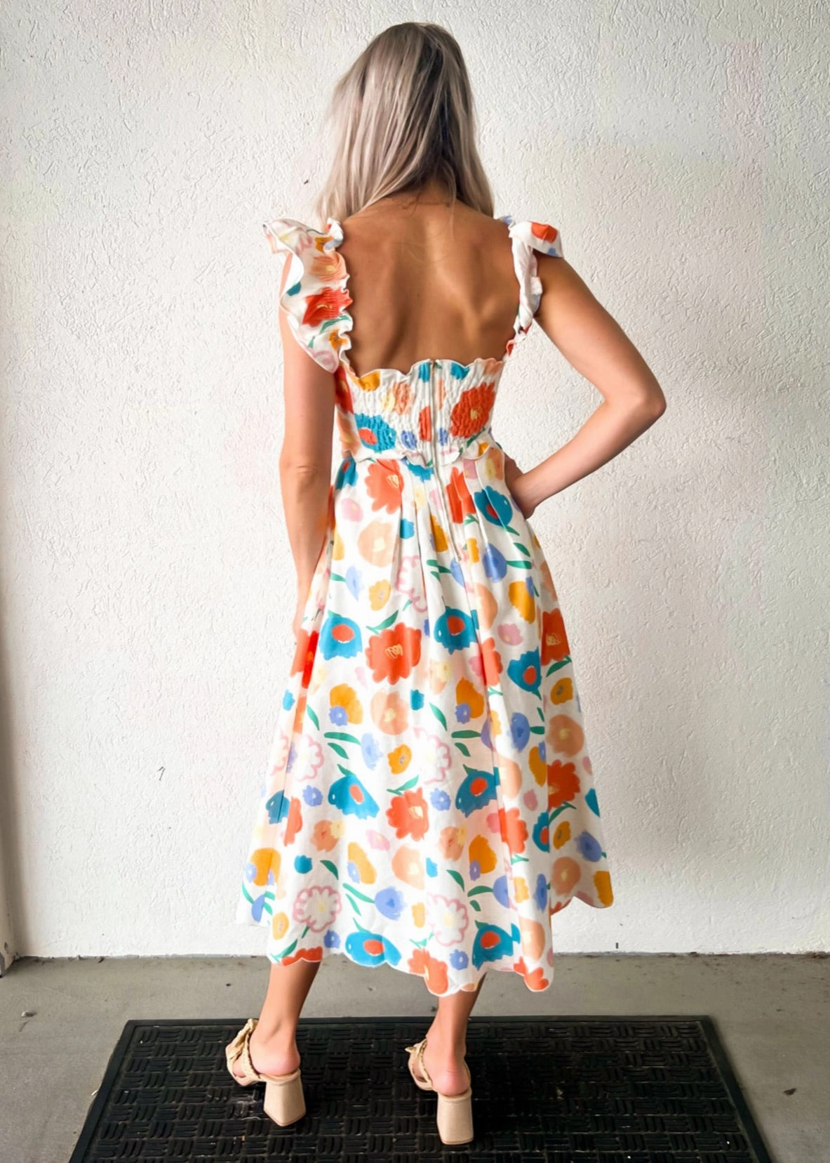 ASHTON FLORAL DENIM SCALLOP MIDI DRESS Travel Ready Low Maintenance Fabric