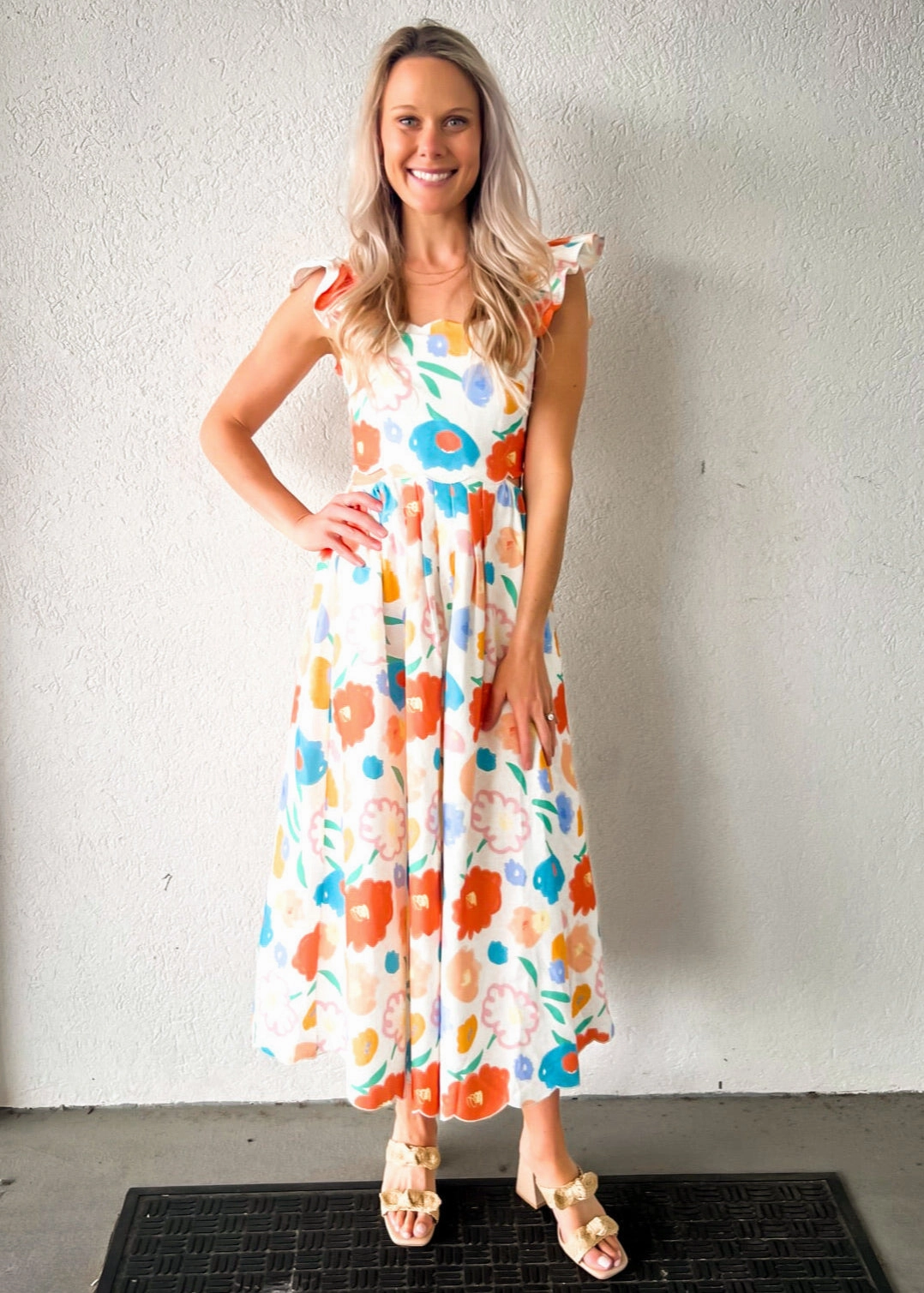 ASHTON FLORAL DENIM SCALLOP MIDI DRESS Beach Day Brunch Outfit Elegant