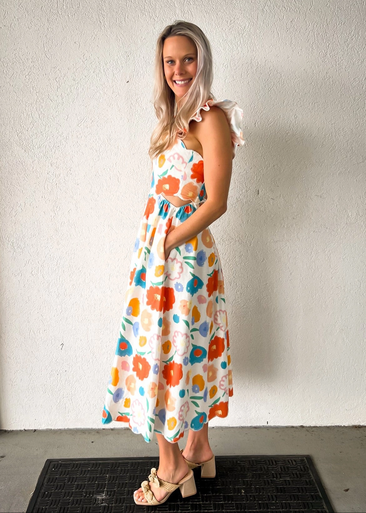 Travel Ready Non Stretch Denim ASHTON FLORAL DENIM SCALLOP MIDI DRESS