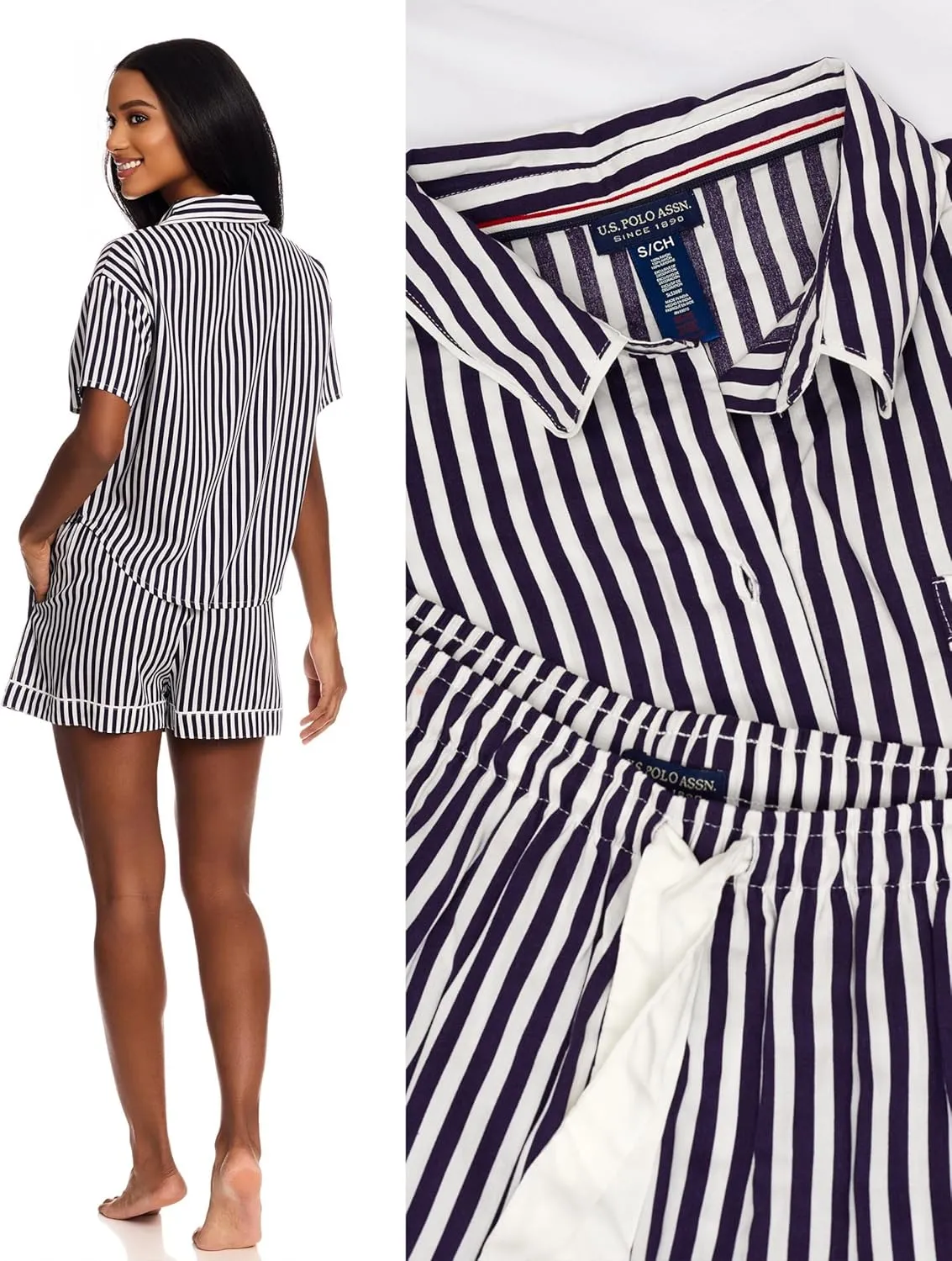 U.S. Polo Assn. Summer Pajamas for Women - Woven PJ Set with Button Up Top and Shorts - Lounge Sets for Women