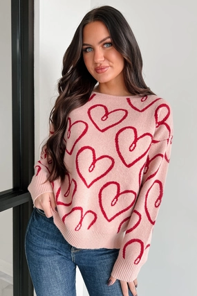My One True Love Heart Print Sweater (Blush/Red) Knit Fabric Technology