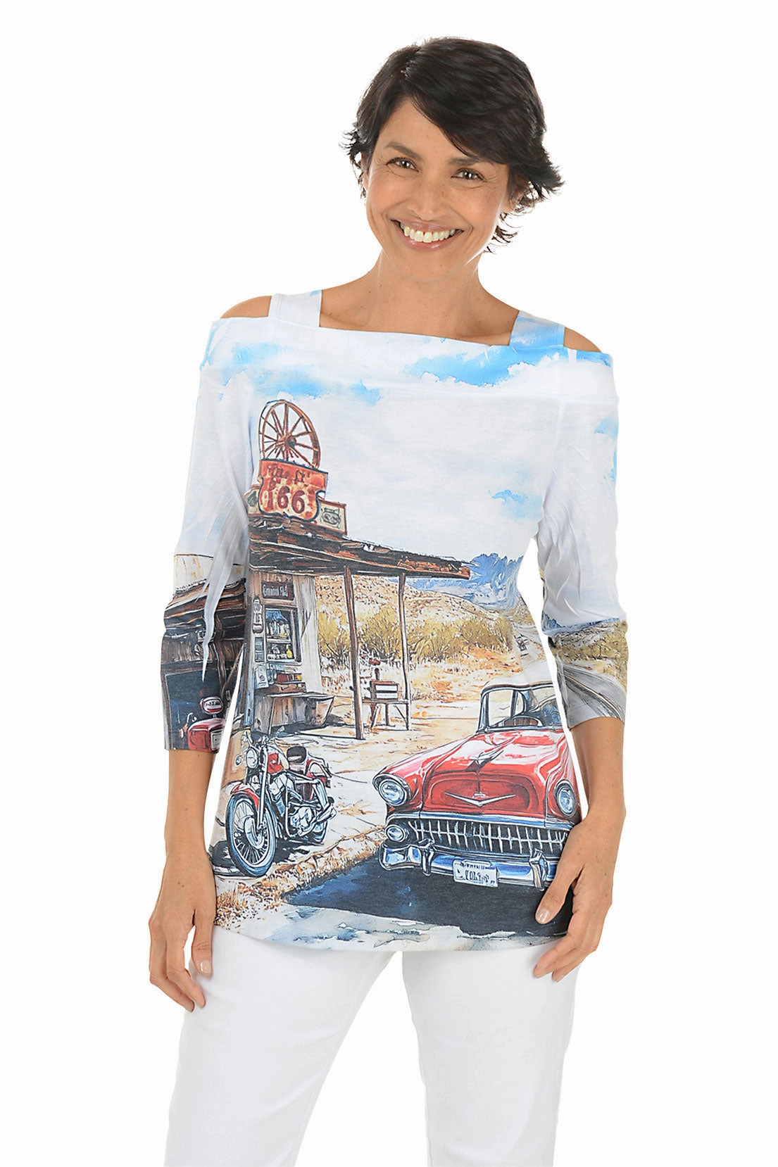 ReinforcedArmholes Rolled Hem Detailing Route 66 Cold Shoulder Knit Top