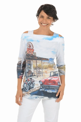 Taped Neckline Route 66 Cold Shoulder Knit Top