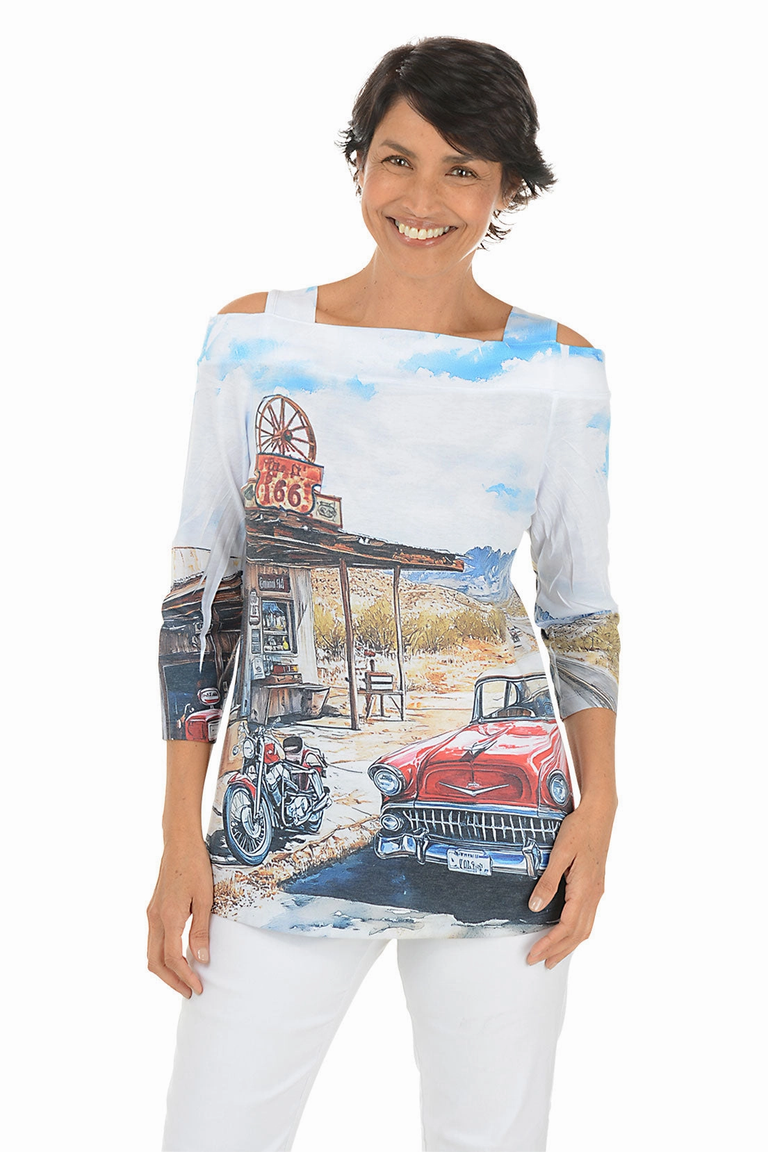 Flexible Knit Blend Route 66 Cold Shoulder Knit Top