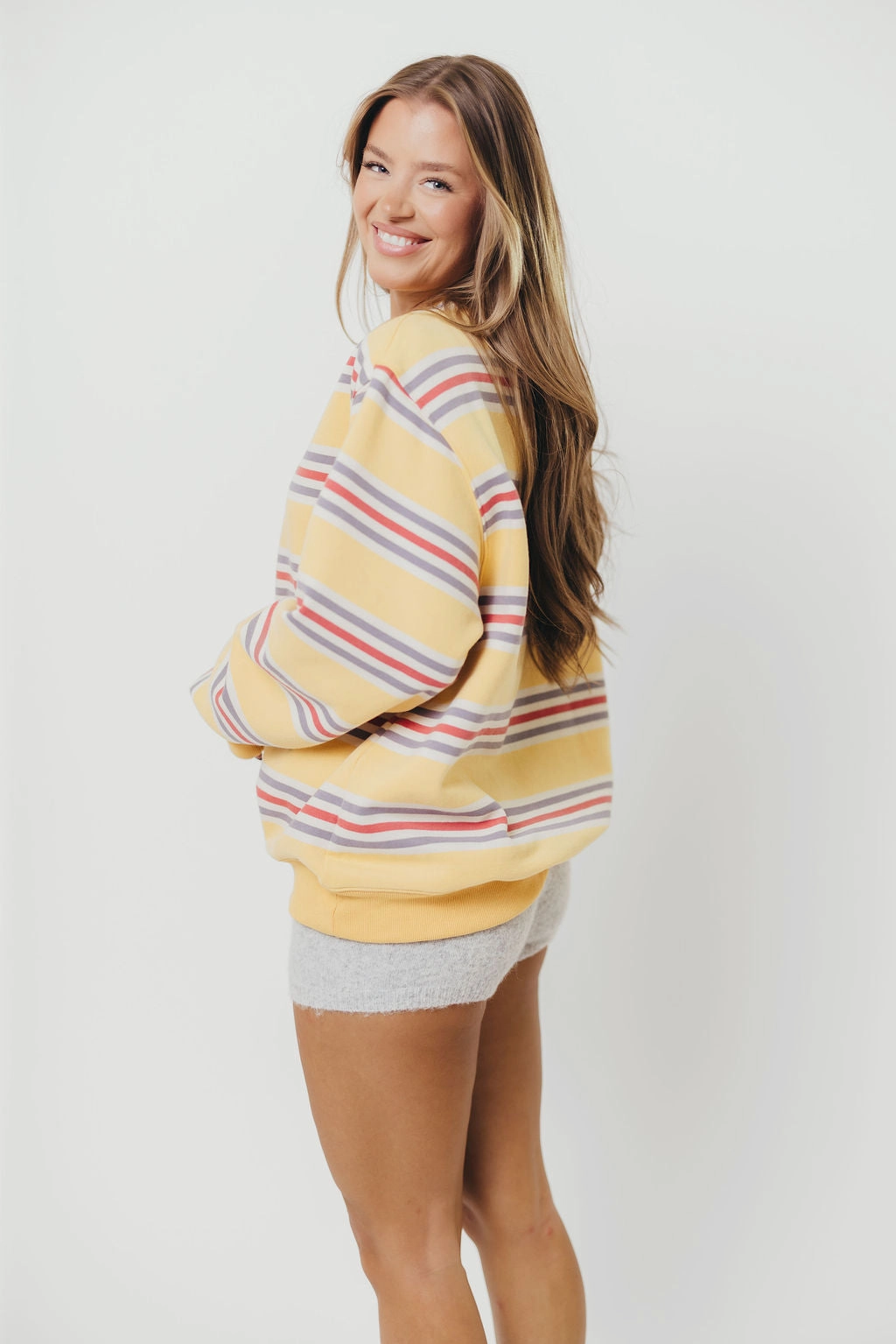Easy Care Material Weighted Hem Trim Blake Retro Striped Crewneck Sweatshirt in Mustard