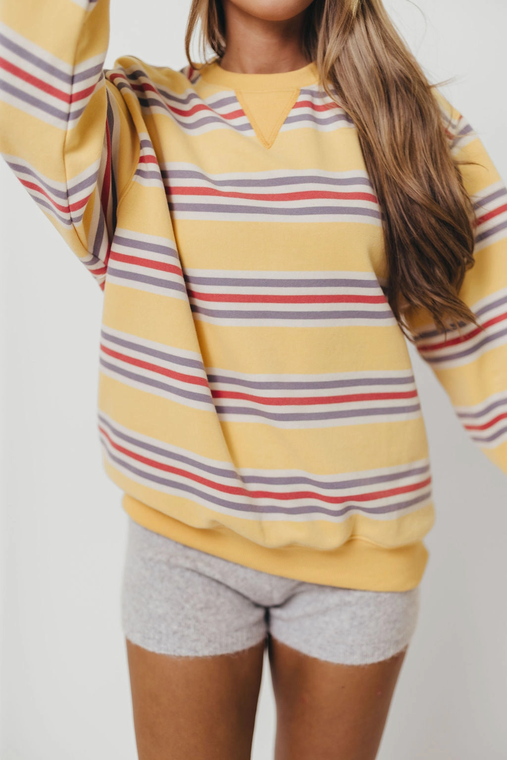 Low Profile Zipper ConvertibleSleeves Blake Retro Striped Crewneck Sweatshirt in Mustard