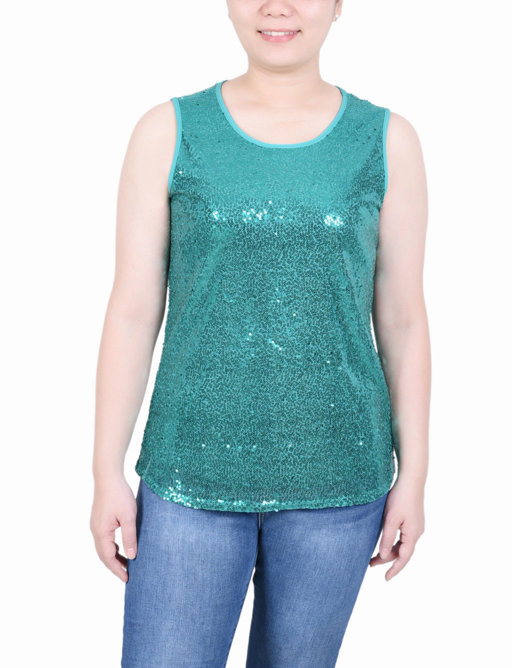 Petite Sleeveless Sequined Tank Top With Combo Banding LowProfileSeams