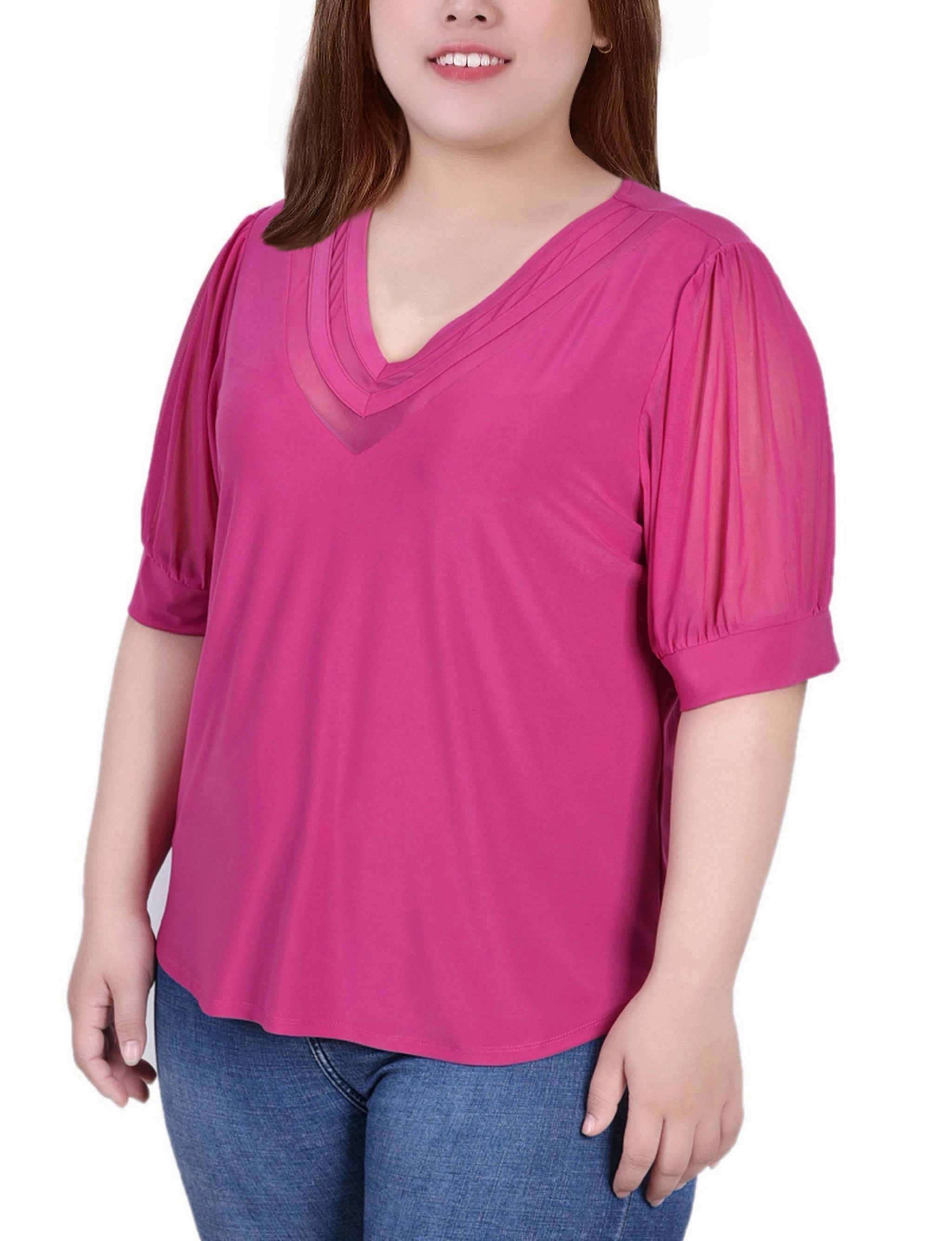 Plus Size Short Puff Sleeve V Neck Top FlexibleKnit