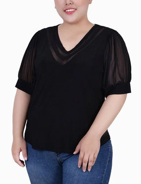 Glow In The Dark Accent Trim WideNeckOpening Plus Size Short Puff Sleeve V Neck Top