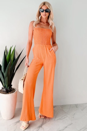 Sunlit Sweetheart Smocked Cut-Out Jumpsuit (Orange) Soft Touch Feel Anti Pill Finish