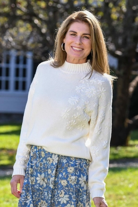 RibbedTrims Reinforced Shoulder Seams Flora Sweater / White