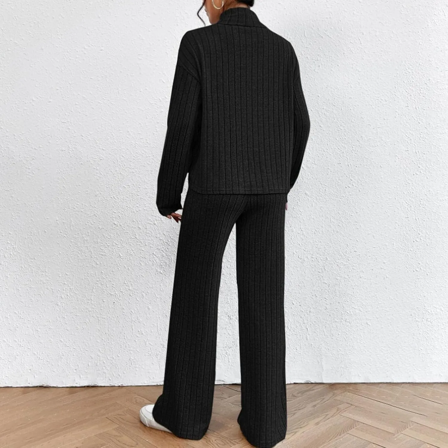 V-Neck Lounge Set for Women Women's High Neck 2 Sweatsuit Long Sleeve Knit Sweater Tops Wide Leg Pants Set Outfits