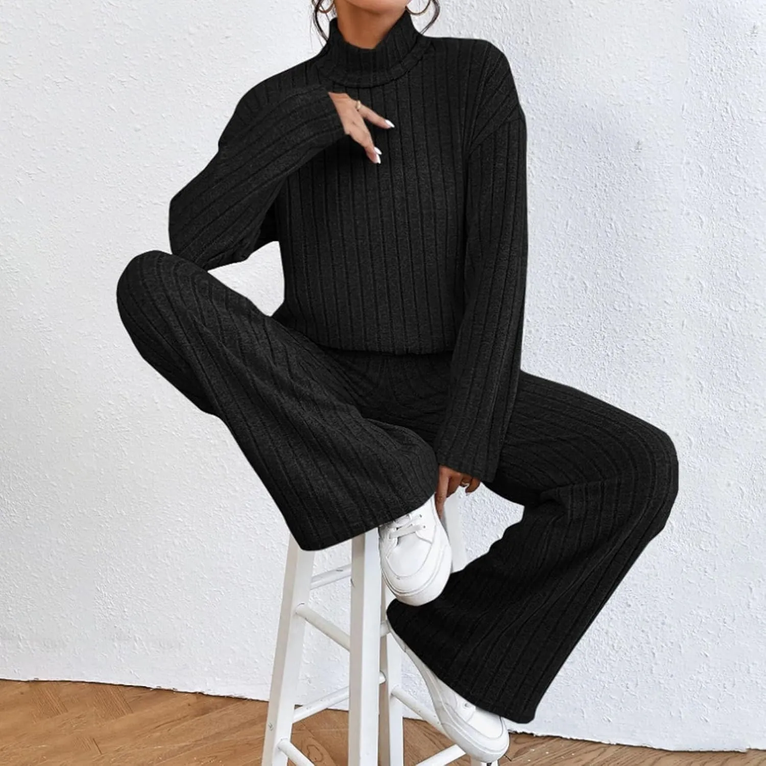 V-Neck Lounge Set for Women Women's High Neck 2 Sweatsuit Long Sleeve Knit Sweater Tops Wide Leg Pants Set Outfits