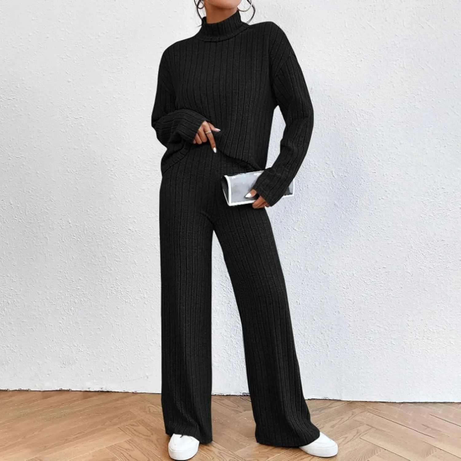 V-Neck Lounge Set for Women Women's High Neck 2 Sweatsuit Long Sleeve Knit Sweater Tops Wide Leg Pants Set Outfits