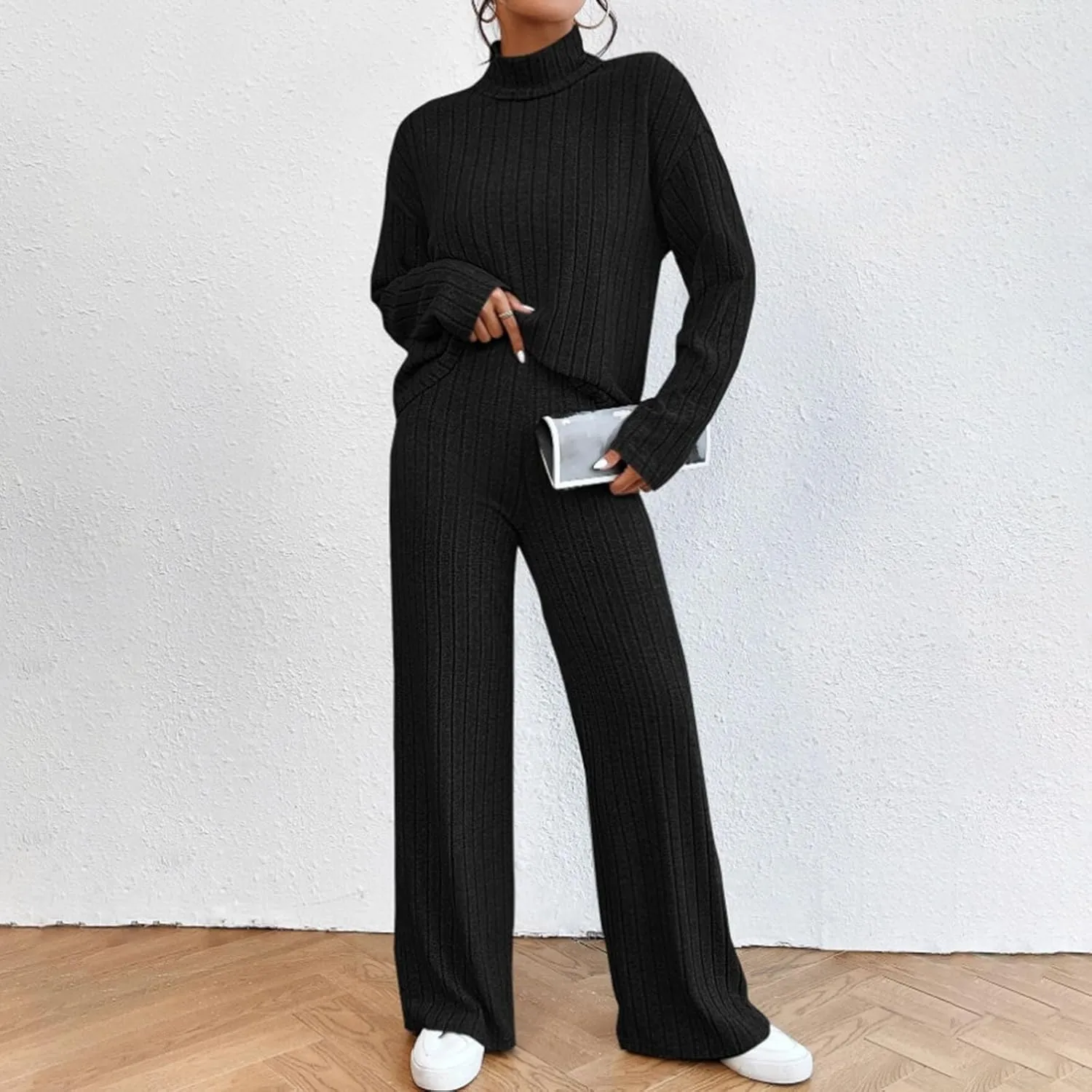 V-Neck Lounge Set for Women Women's High Neck 2 Sweatsuit Long Sleeve Knit Sweater Tops Wide Leg Pants Set Outfits
